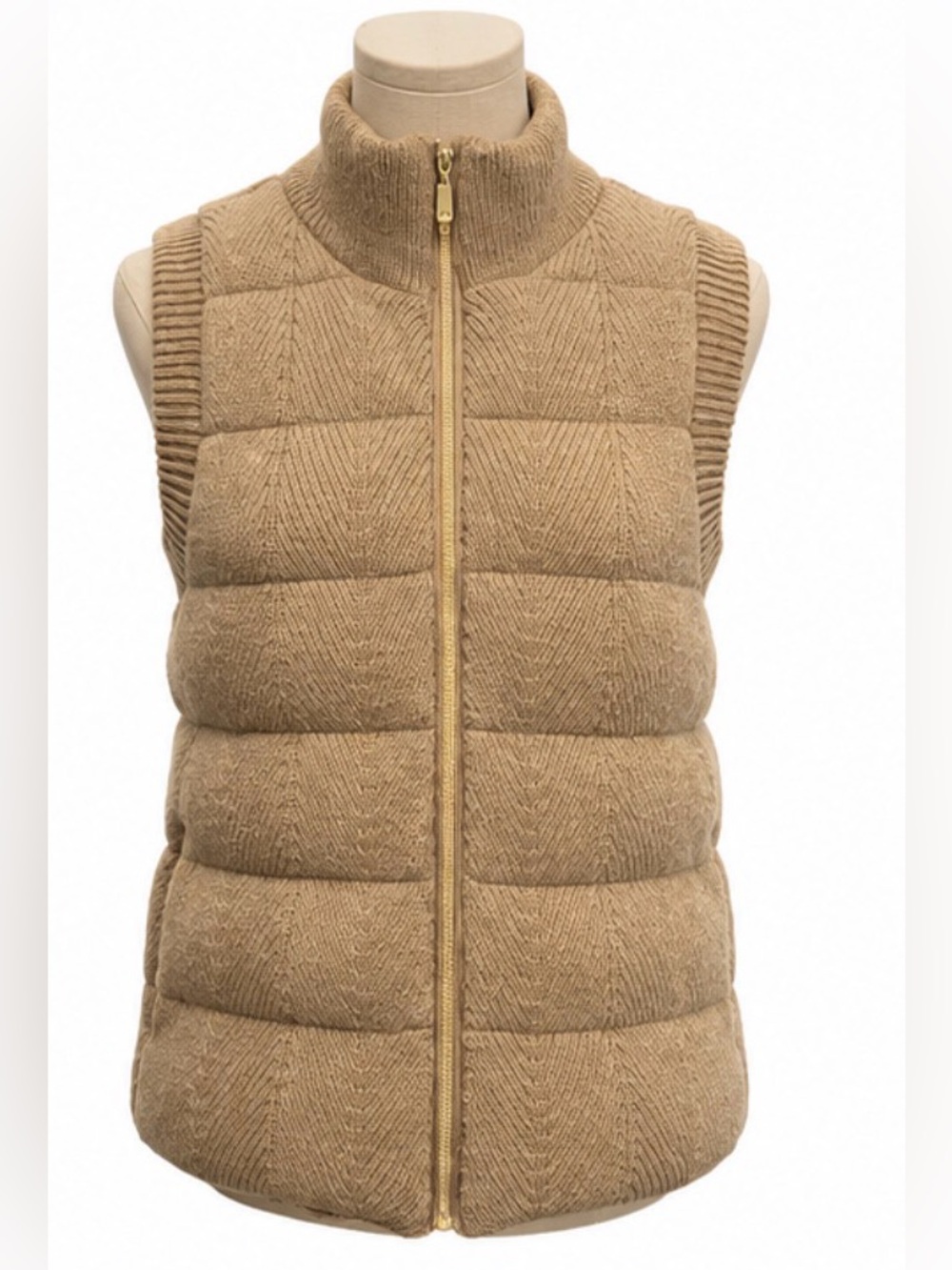 Joie Knit Puffer Vest Camel Taupe Full Zip High Collar Sweater Vest Medium